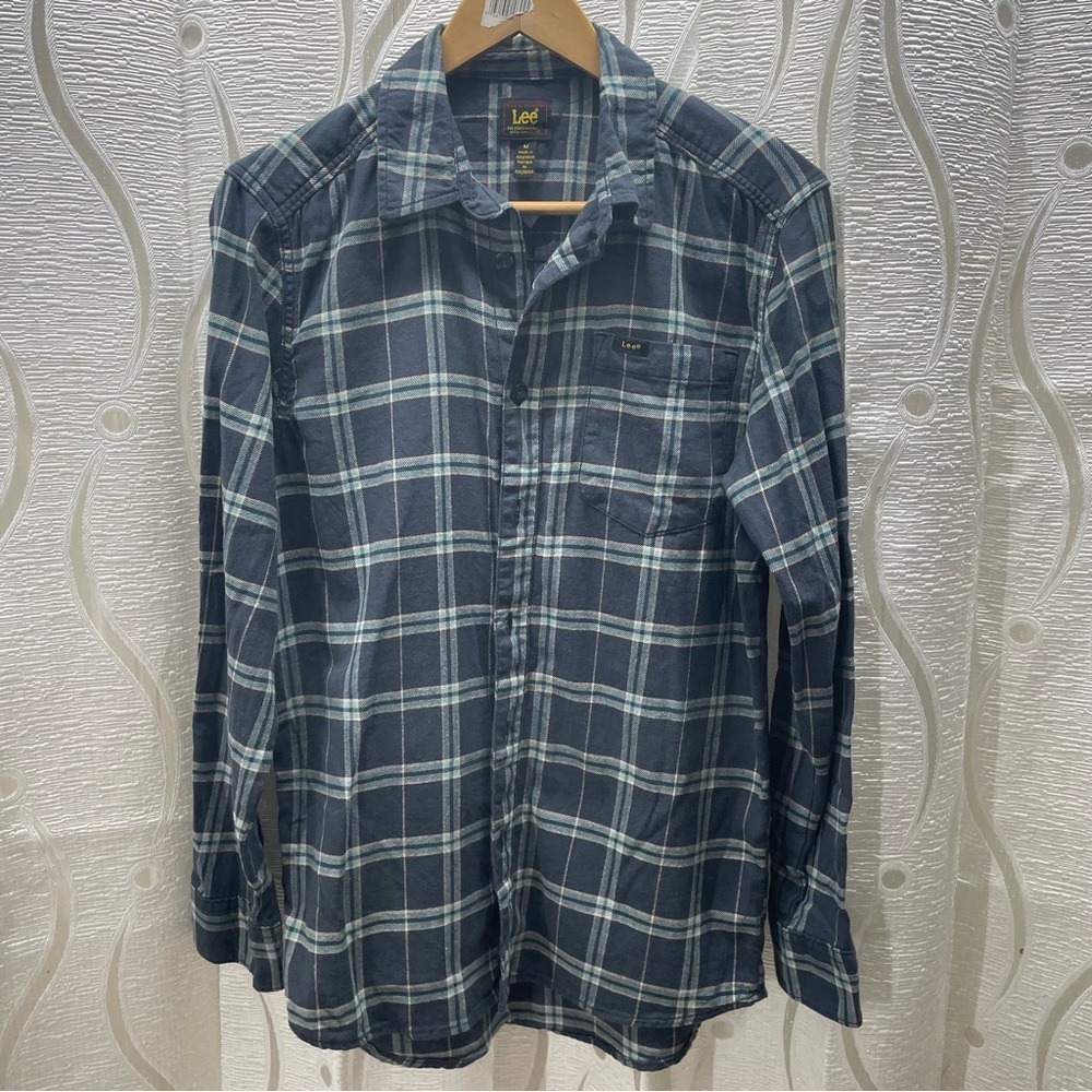 Lee Mens Plaid‎ Button Down Shirt Navy Blue Green Long Sleeve M